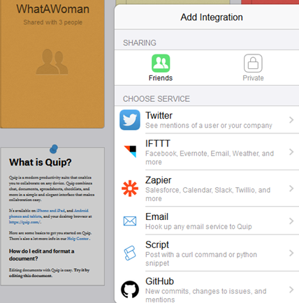Screen grab of Integrations on Quip