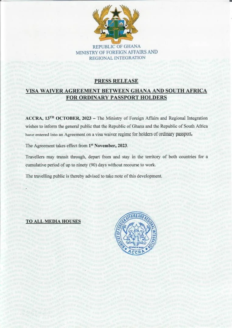 Seamless Travel: Ghana and South Africa's Visa-Free Agreement For Ordinary Passport Holders.