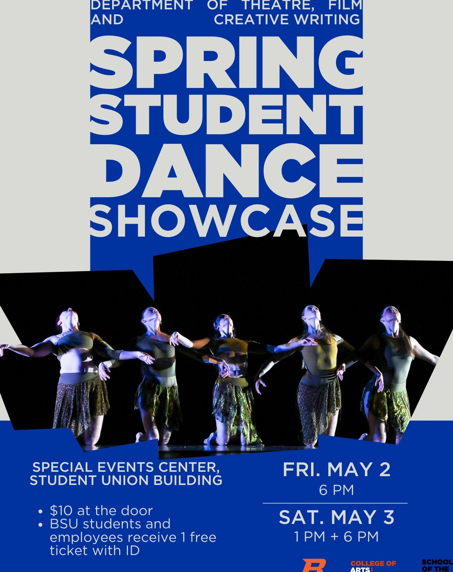 Three opportunities to see this spring's student dance showcase Directed by Yurek Hansen and featuring Idaho Dance Theatre dancers alongside the Boise State TFCW dance program students.
May 2nd and 3rd