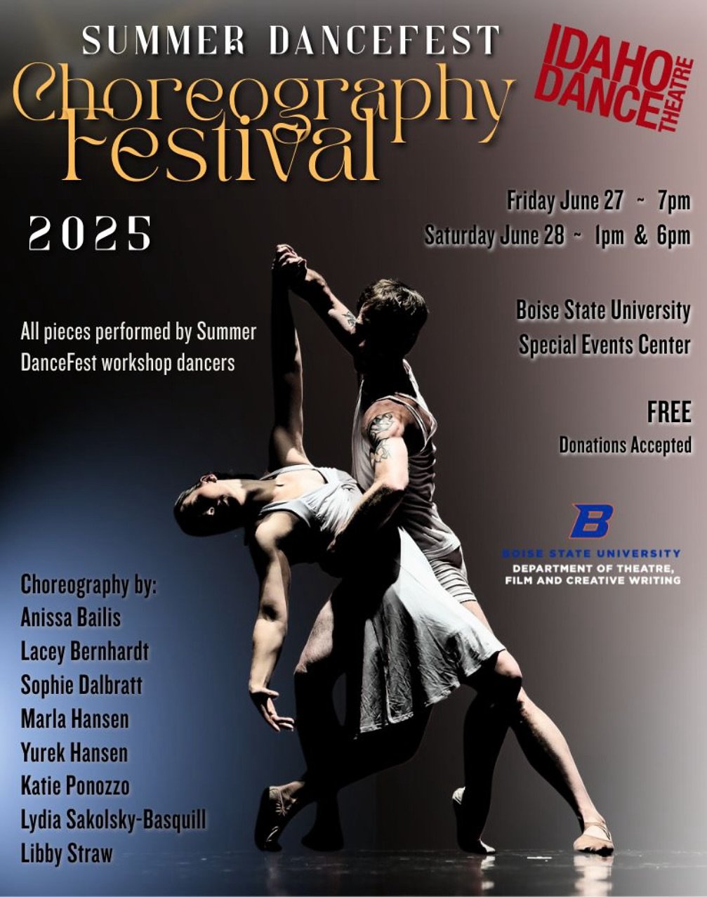Come see our Summer DanceFest showcase with a beautiful mix of choreography ranging from Ballet, Jazz, Musical Theatre, and Contemporary styles! 

Three opportunities to see:
June 27 @ 7pm and June 28 1pm &amp; 6pm 

Featuring choreography from incre