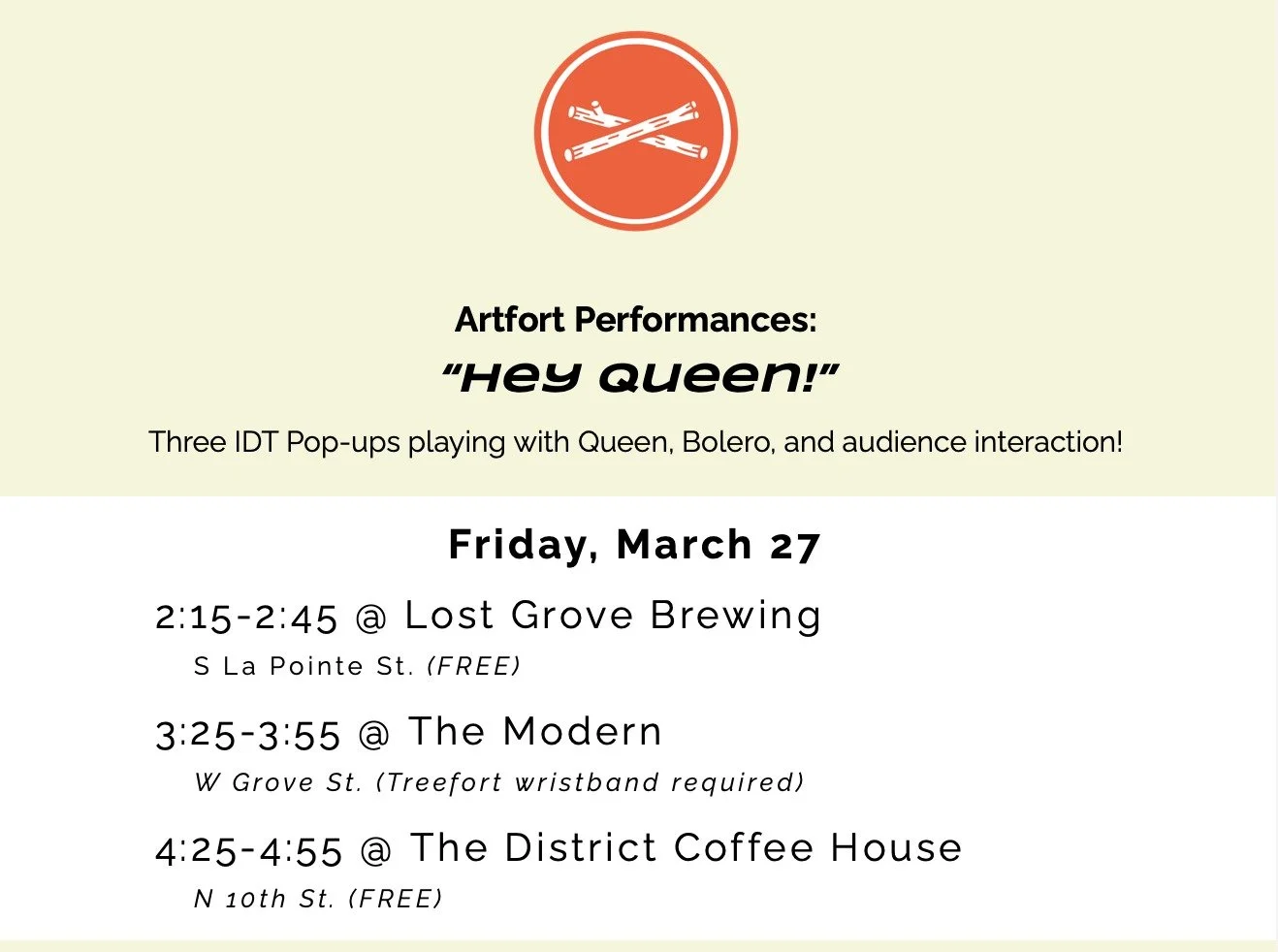 Catch us THIS FRIDAY 3/27!

3 chances to see IDT in casual locations throughout @treefortfest

2:15-2:45 @lostgrovebrewing (FREE)
3:25-3:55 @modernhotel (Treefort wristband required)
4:25-4:55 @thedistrictboise (FREE)