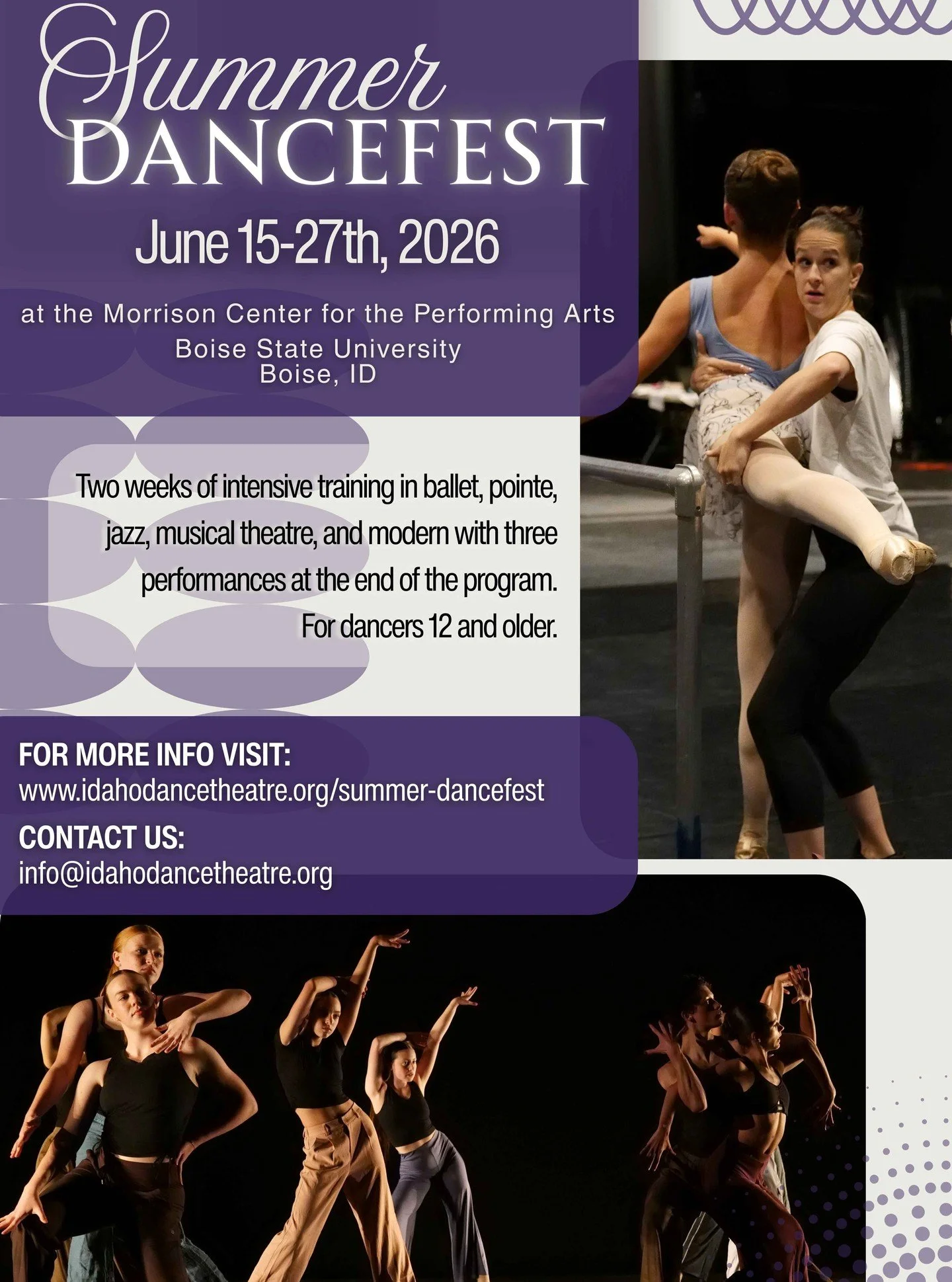 Calling all dancers!!
Summer DanceFest is Idaho Dance Theatre's 2-week summer intensive on @boisestatetfcw campus at the @morrisoncenter 
Training includes daily classes and rehearsals with cutting-edge choreographers and instructors.
Visit our websi