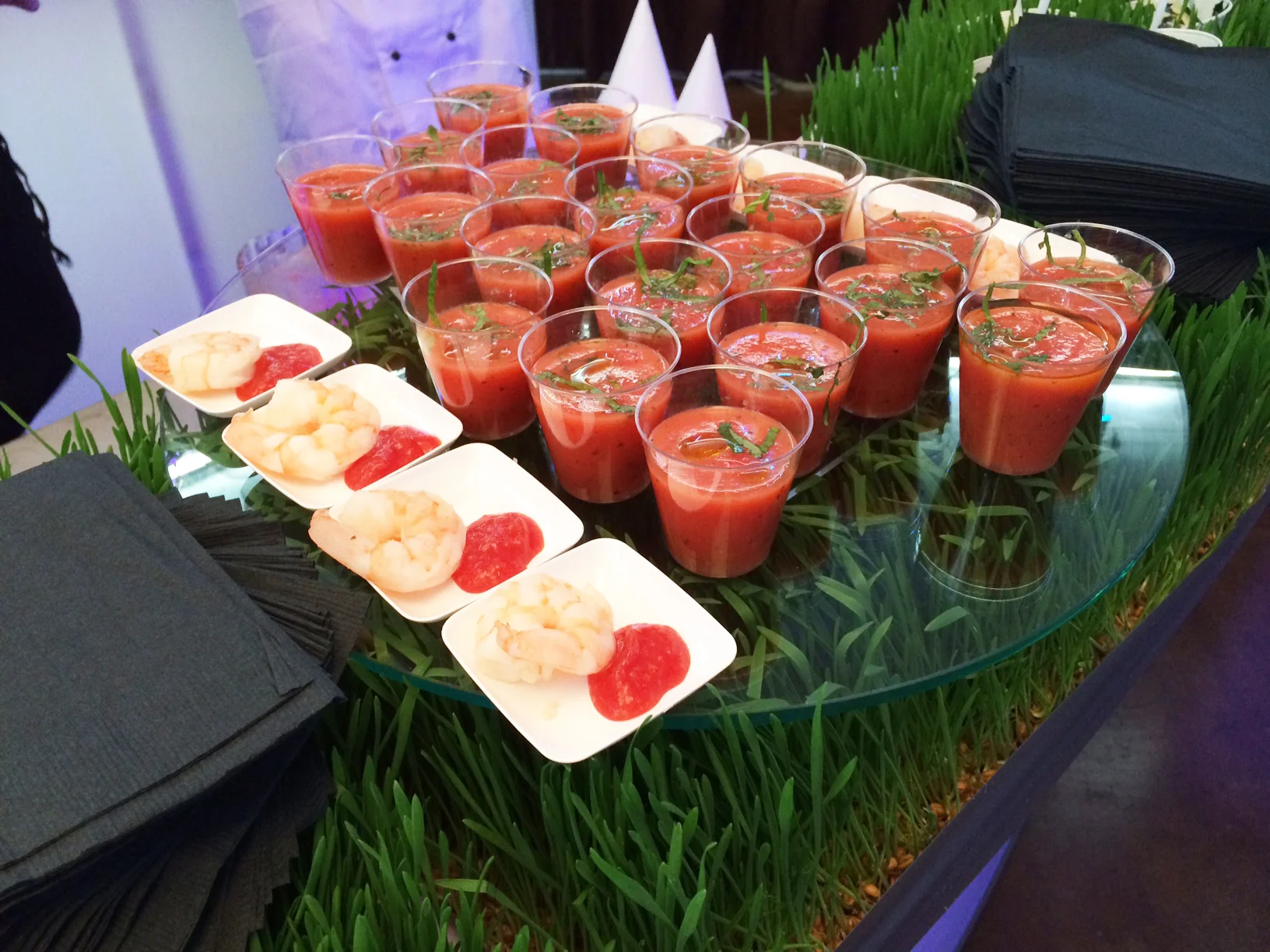 Loved this display of Shrimp cocktail and Watermelon and Mint Gazpacho Shooters by The Mark for Events