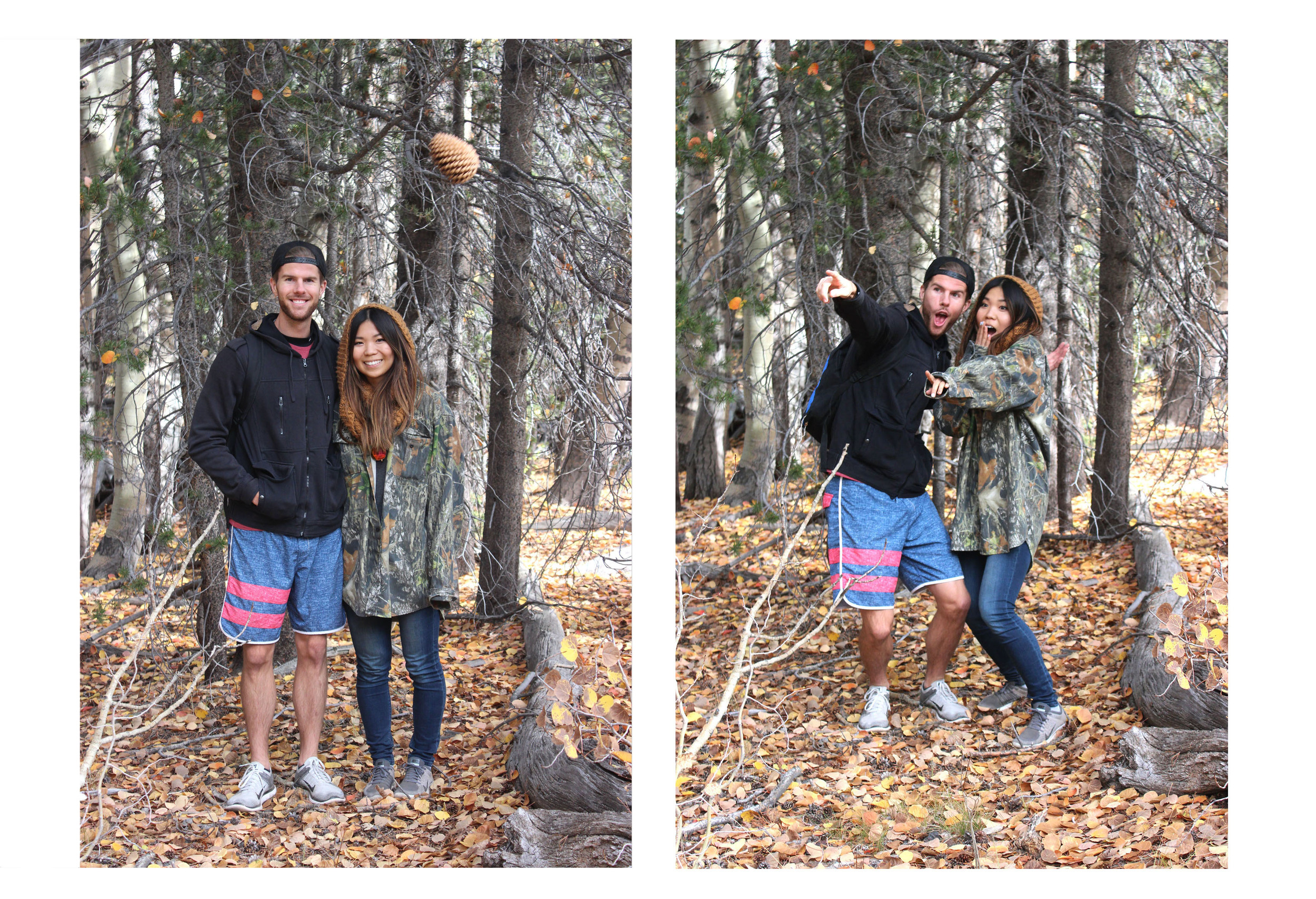 Take One: Eric tossed a pinecone to troll our photo // Take Two: This is our I-Saw-A-Bear face (we're weirdos, I know)