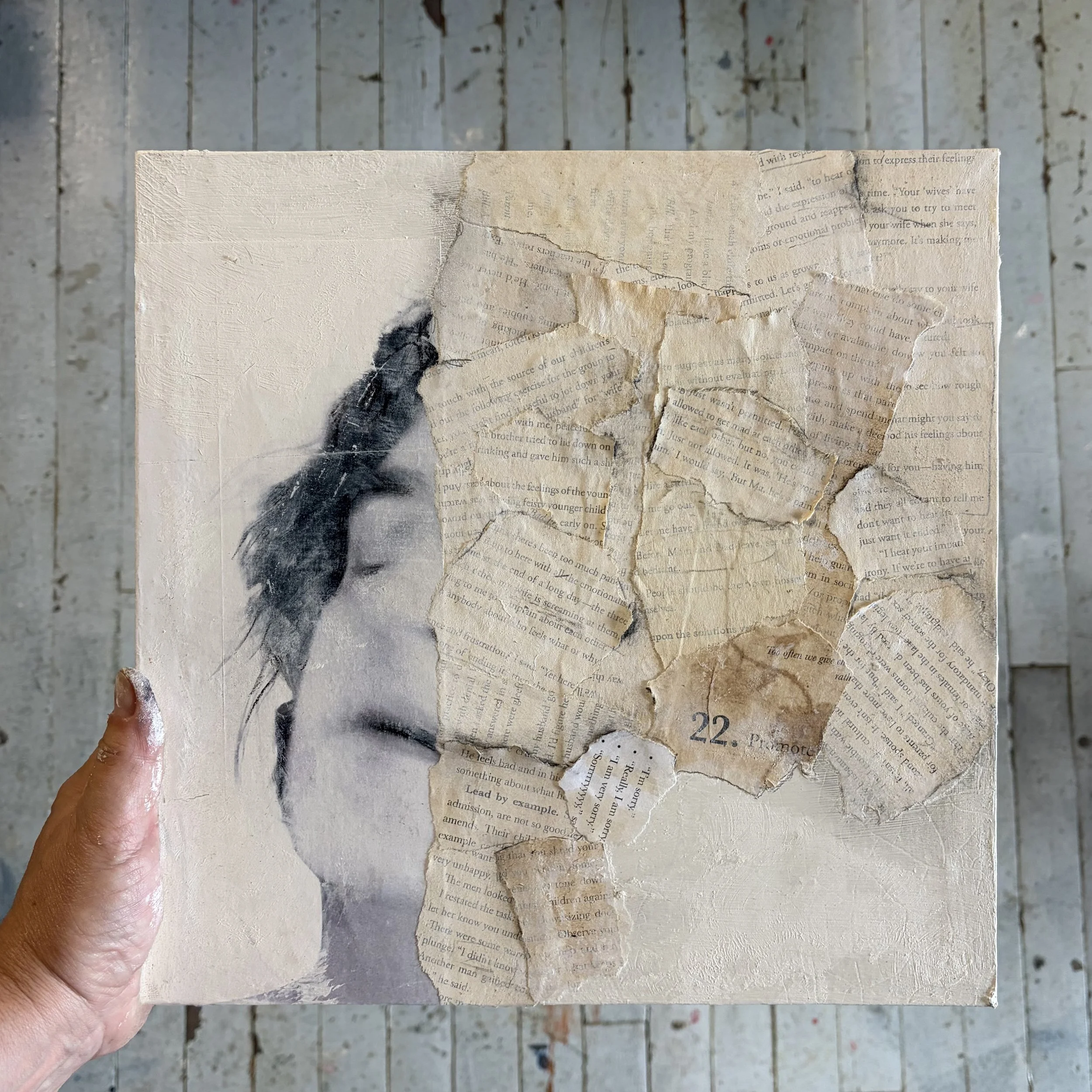 Overblown, 2026. Photocopy, paint, tea, book pages, reclaimed wooden cradle