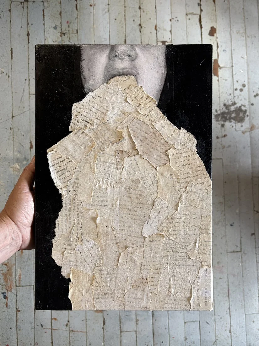 Overfill, 2026. Photocopy, paint, tea, book pages, reclaimed wooden cradle