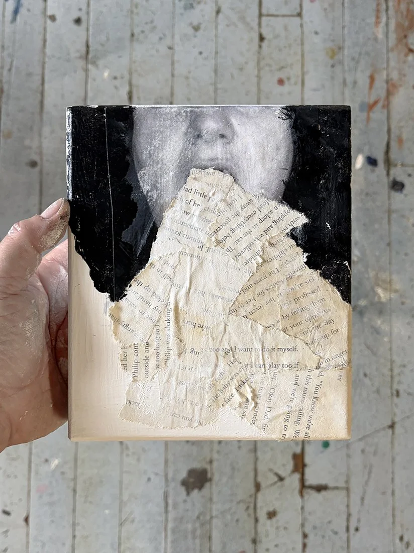 Overdone, 2026. Photocopy, paint, tea, book pages, reclaimed wooden cradle