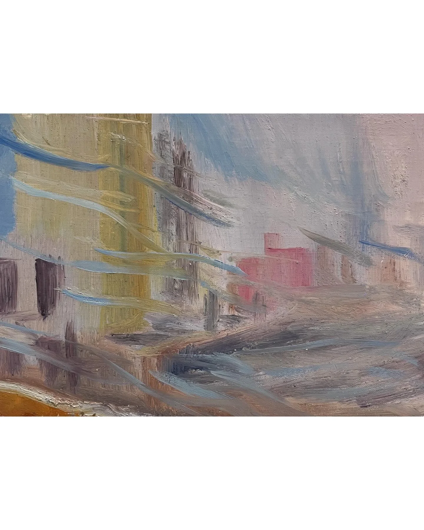 The third of three rooftop snow studies from January 2024, plus all three together. As I remember, the snow swirled low but unevenly, so the light came in pockets.

E 82 St Roof Looking North, January 2024
oil on linen mounted on panel
5 x 7 in
Avail
