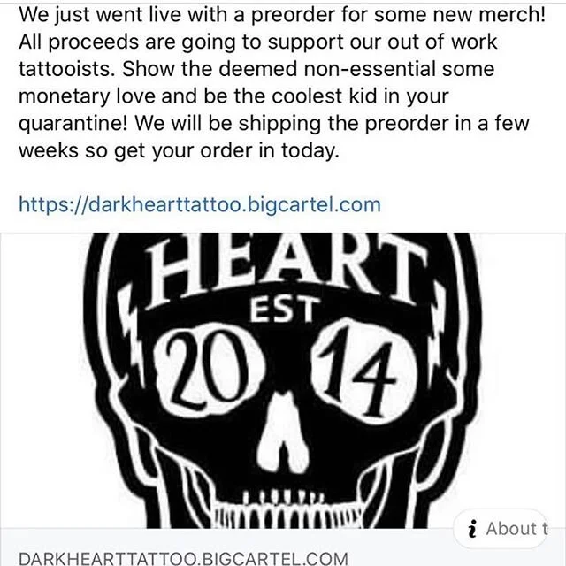 For all you wonderful people that have reached out and wanted to help myself and my fellow artists, here is a great way! You help support us, and you get amazing new merch to represent your favorite tattoo shop! Visit the Dark Heart page for link and