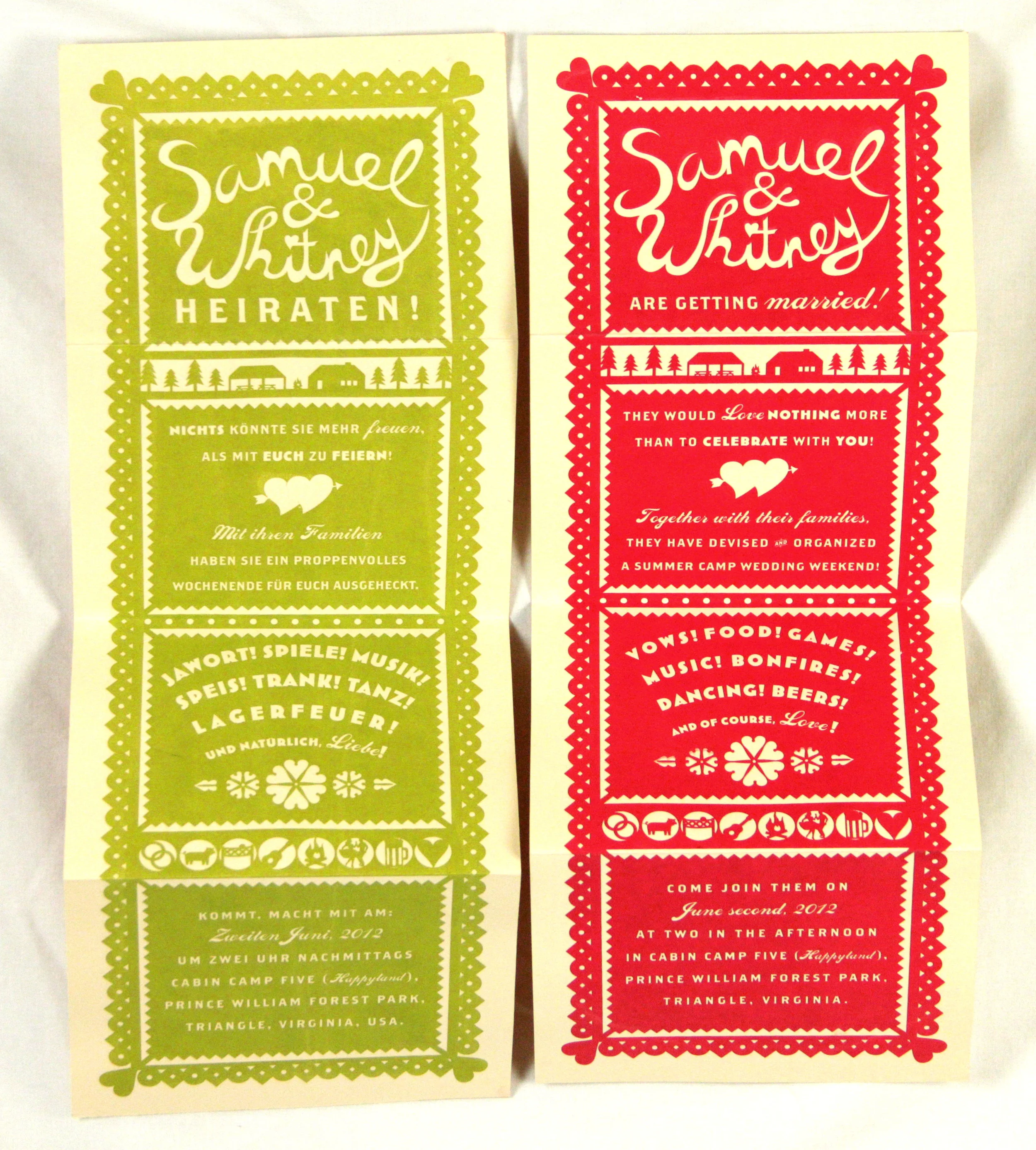 Both sides of the invitation (German and English). These folded into quarters accordion-style.