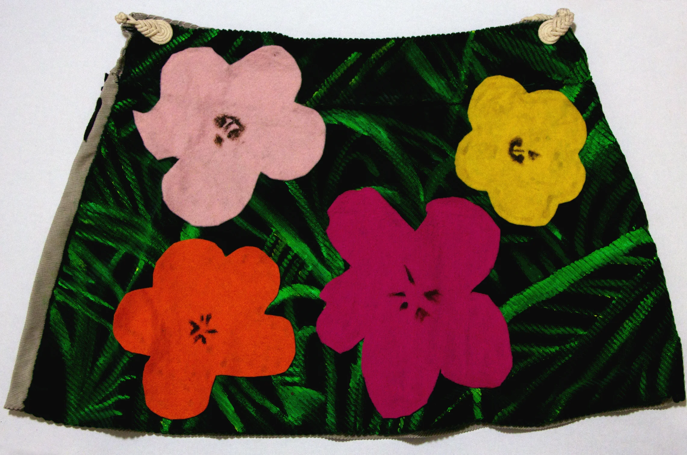 Above: Here is the piece that inspired the front panel of the skirt. The skirt was two separate pieces by Warhol. Below: Here is the piece that inspired the back panel of the skirt. Scraps of corduroy and felt were hand-stitched (I didn't have a sewing machine in Brooklyn!) and some paint details were added.