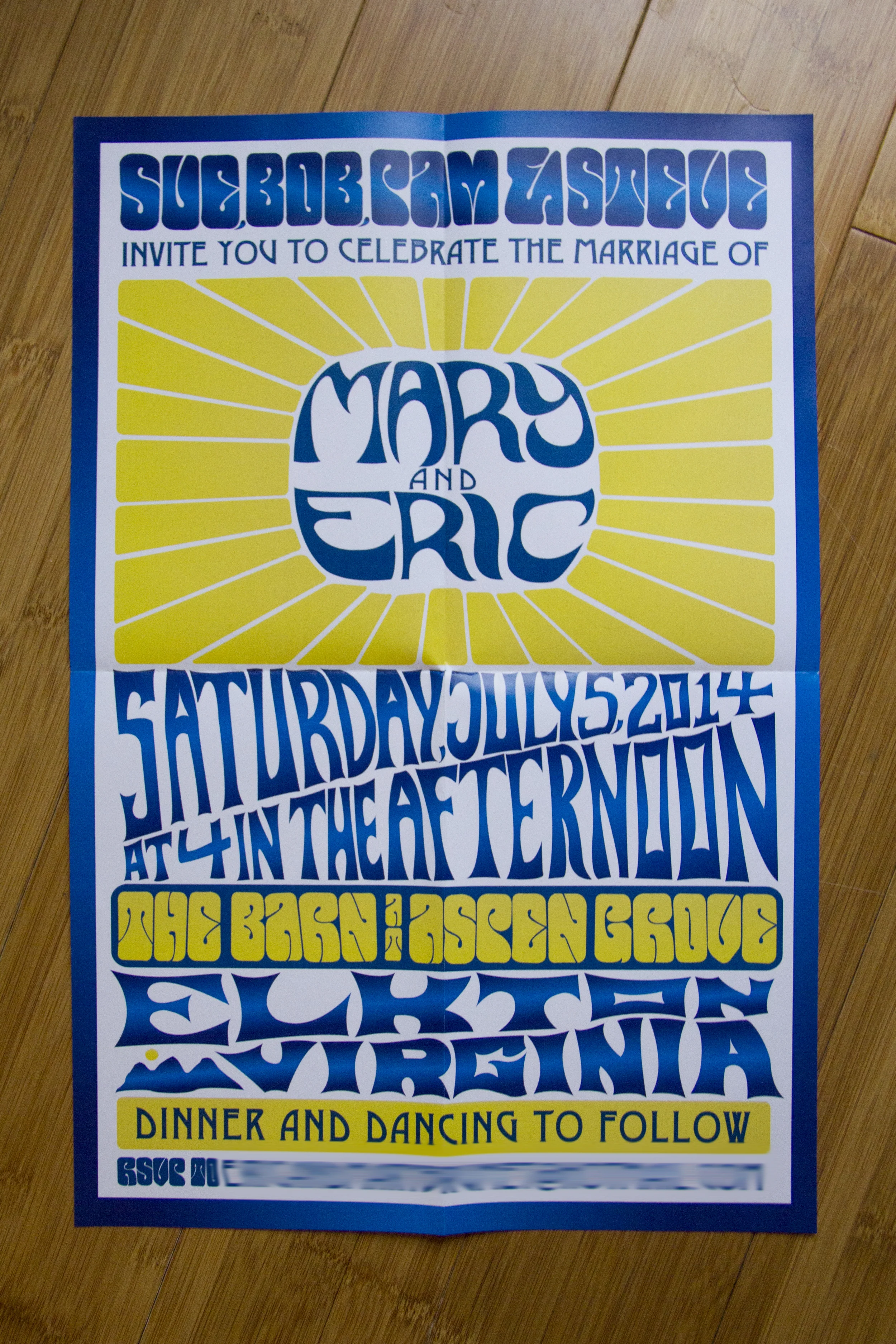 Mary and Eric are "festival kids", meaning they love to spend a weekend at a good music festival with jam bands, beers, and their friends. When we initially discussed their wedding invitations they liked the idea of incorporating the sunflowers they planned to use to decorate their venue as well as their wedding colors (navy and sunflower yellow). Knowing that music festivals were something they loved to do together, I thought a festival poster would be the perfect inspiration for their wedding branding. This was a fun exercise in hand-lettering and getting the invitations printed on a larger format with glossy stock really helped to reinforce the concept.