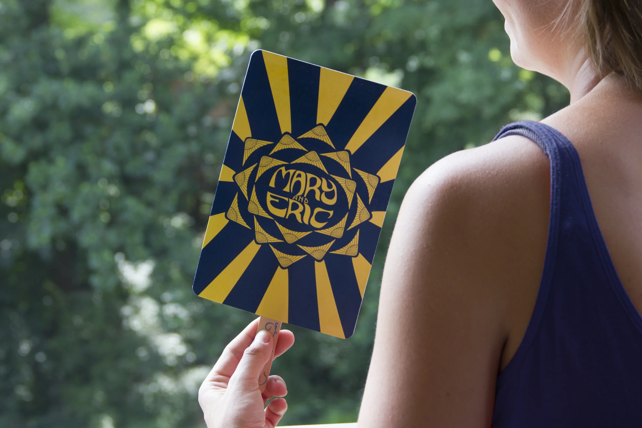 Because the wedding would be outdoors on a July afternoon, the couple asked for the wedding programs to double as fans. These were handmade (most of the hard work was done by Sam!). A more formal looking design seemed fitting for the more formal part of the event.