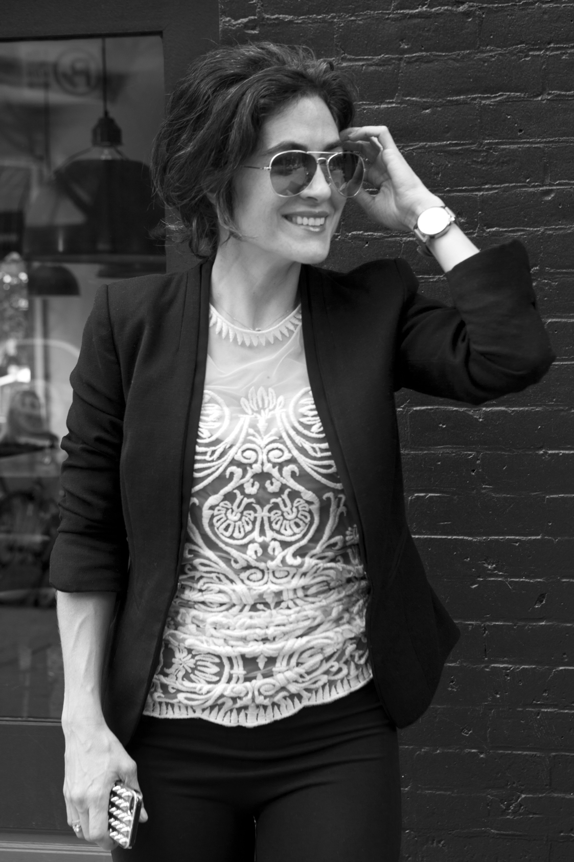 Photo credit Anna Campanelli Top (actual dress) Yoana Baraschi / Jacket Helmut Lang (similar here ) / Sunglasses Michael Kors / Watch MVMT