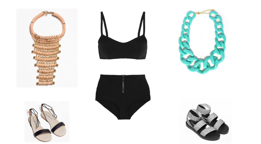Swimsuit Lisa Marie Fernandez / Rope Necklace & Other Stories / Crescendo Necklace Anthropologie / Black Drawstring Sandal & Other Stories / SIlver Elastic Sandal & Other Stories 