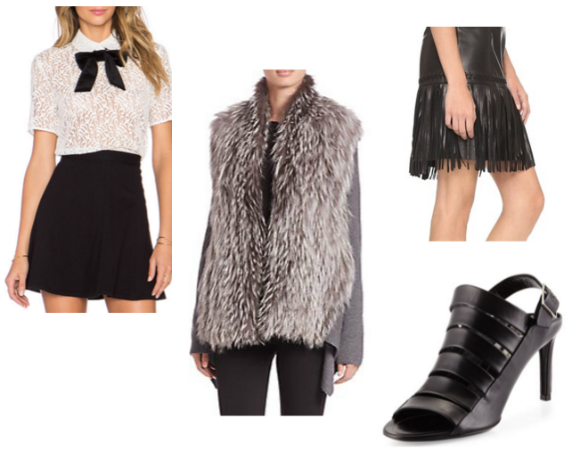 Lace Top, The Kooples / Fur Sweater, Kobi Halpern / Fringe Skirt L'Agence / Strappy Sandal Balenciaga