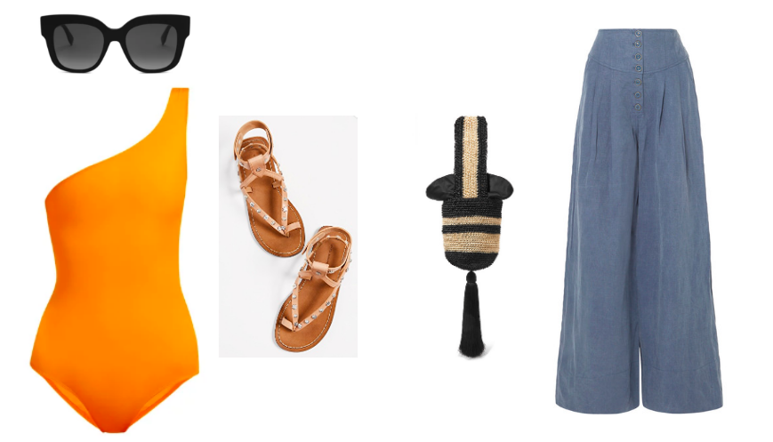 Swimsuit Talia Collins / Sunnies Fendi / Sandals Isabel Marant / Bag Johanna Ortiz / Wide Leg Pants Ulla Johnson