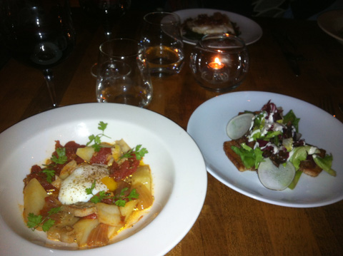 Salt Cod with stewed tomatoes & Pork belly with local radish