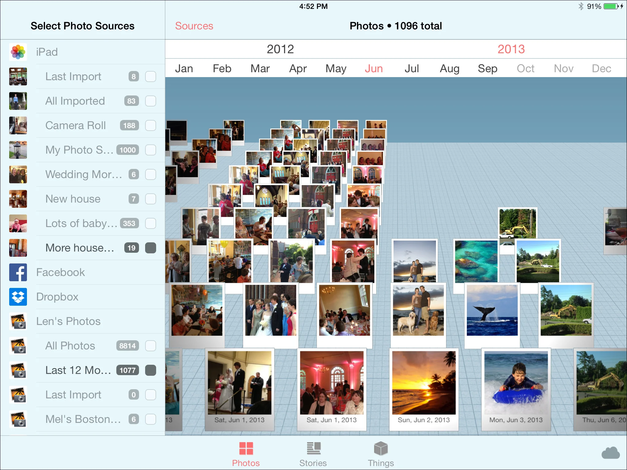 All your are photos organized in 3D by time. Each column of photos is one day in your life. Scroll around or tap the heading to instantly scroll to any month or year to see what was happening then.