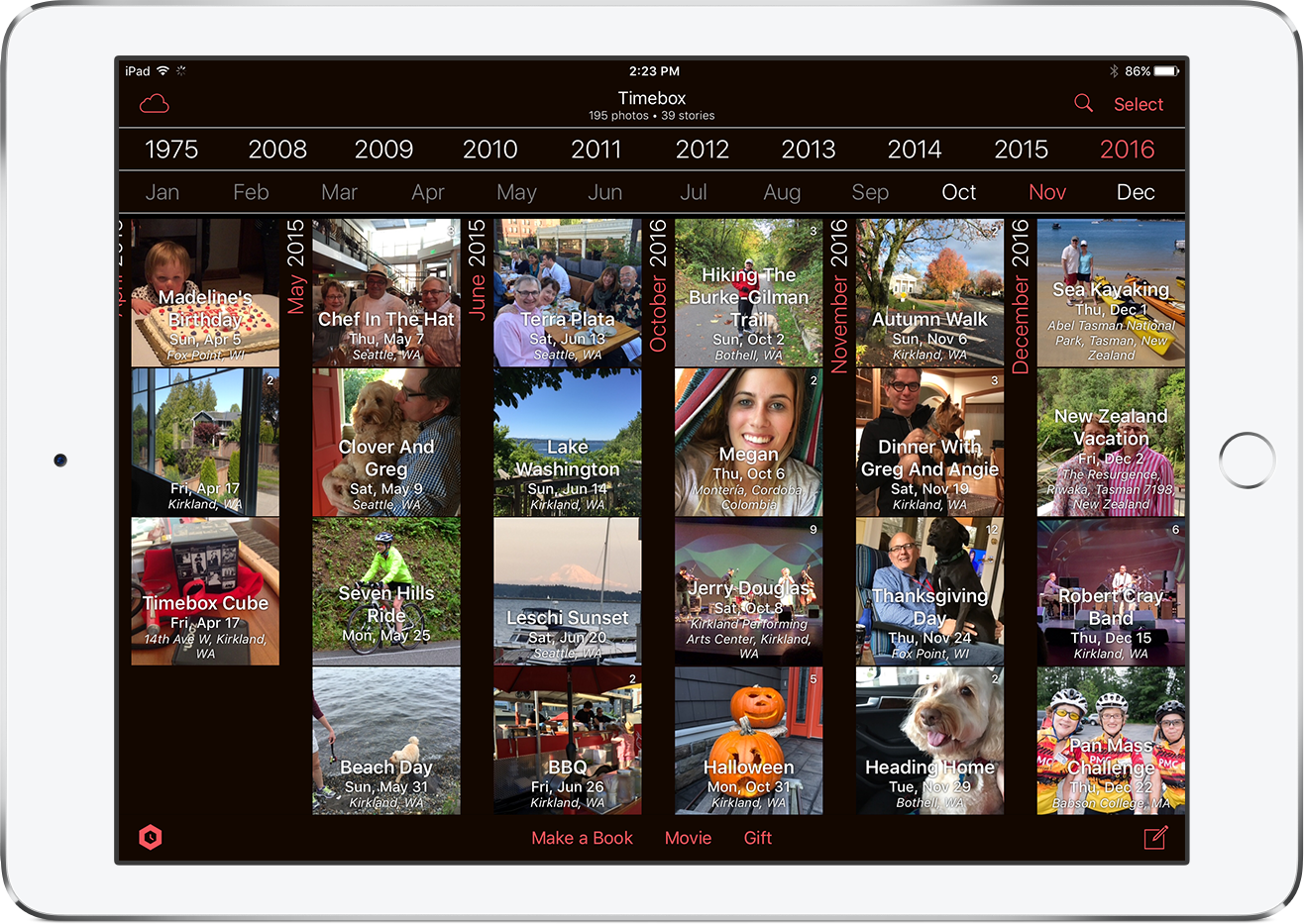 The Timebox timeline makes it so easy to find your photos and stories in one or two taps.