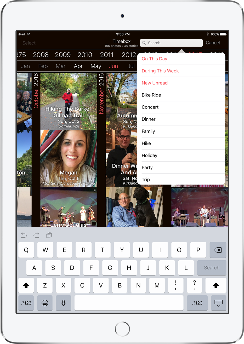 You can instantly search for any text in Timebox: titles, captions, locations or tags.