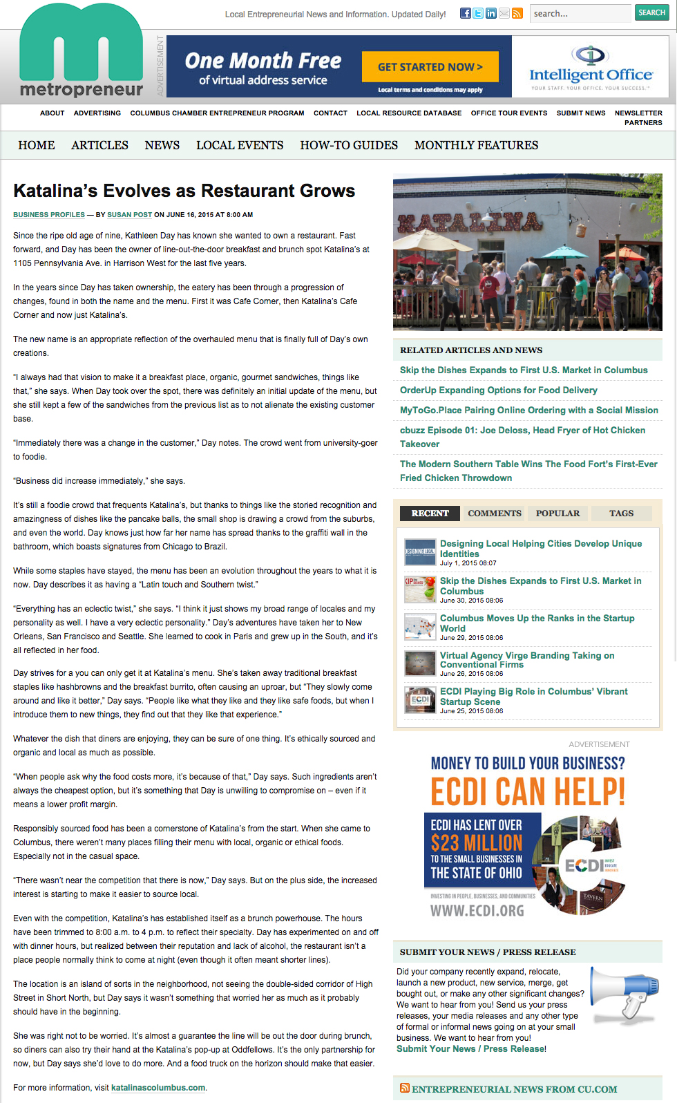 The Metropreneur Columbus Katalina's Evolves as Restaurant Grows. June 16, 2015. {Click to view original source.}