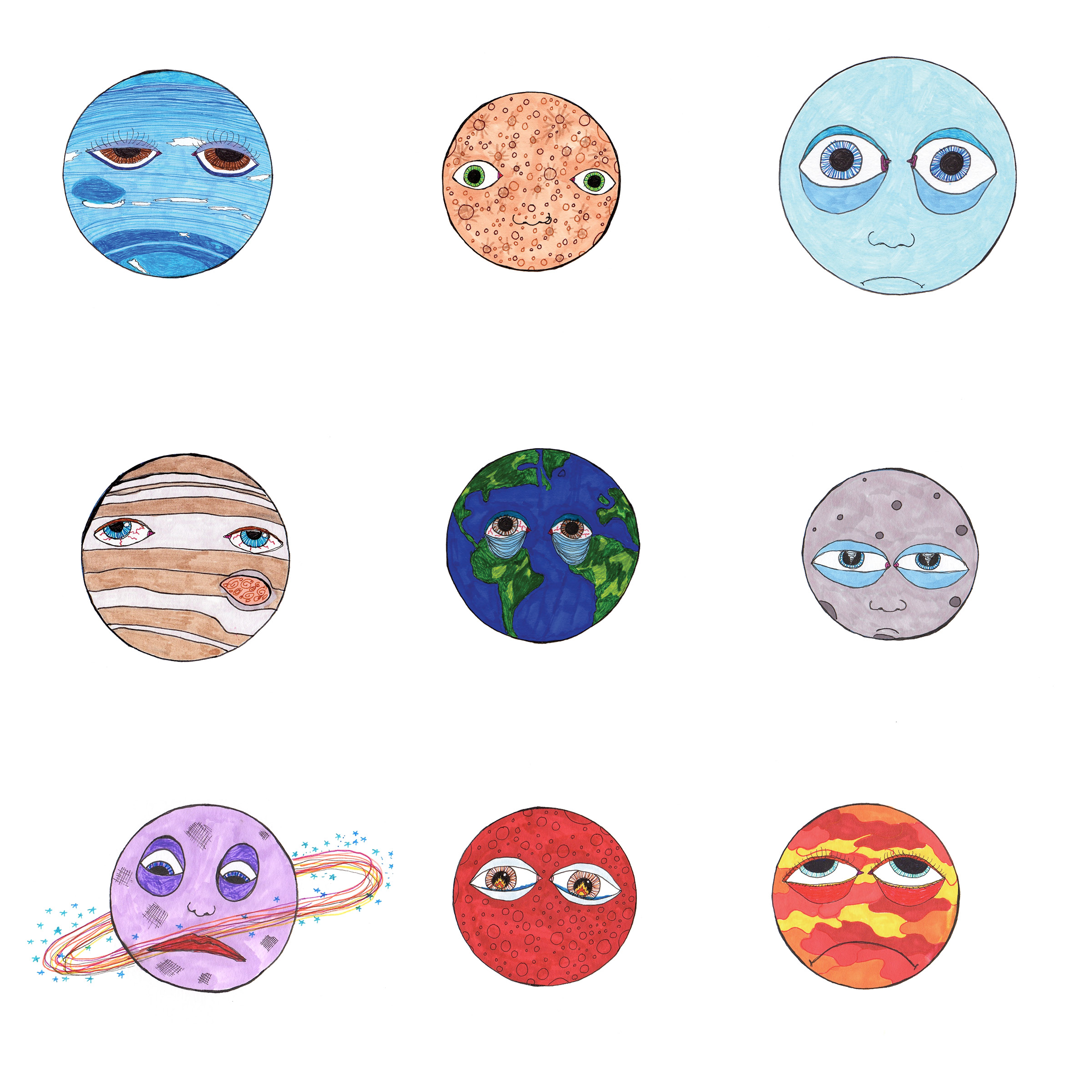 "A Series of Sad Planets" 8x8 Limited edition giclee print on hot press water color paper $35 per planet (Specify which planet in check out notes. U.S. shipping included) ROW 1 left to right -Neptune, Mercury, Uranus. ROW 2 - Jupiter, Earth, Pluto. ROW 3 -Saturn, Mars, Venus. Contact Leahwellbaum@gmail.com for deals on multiples or entire set.