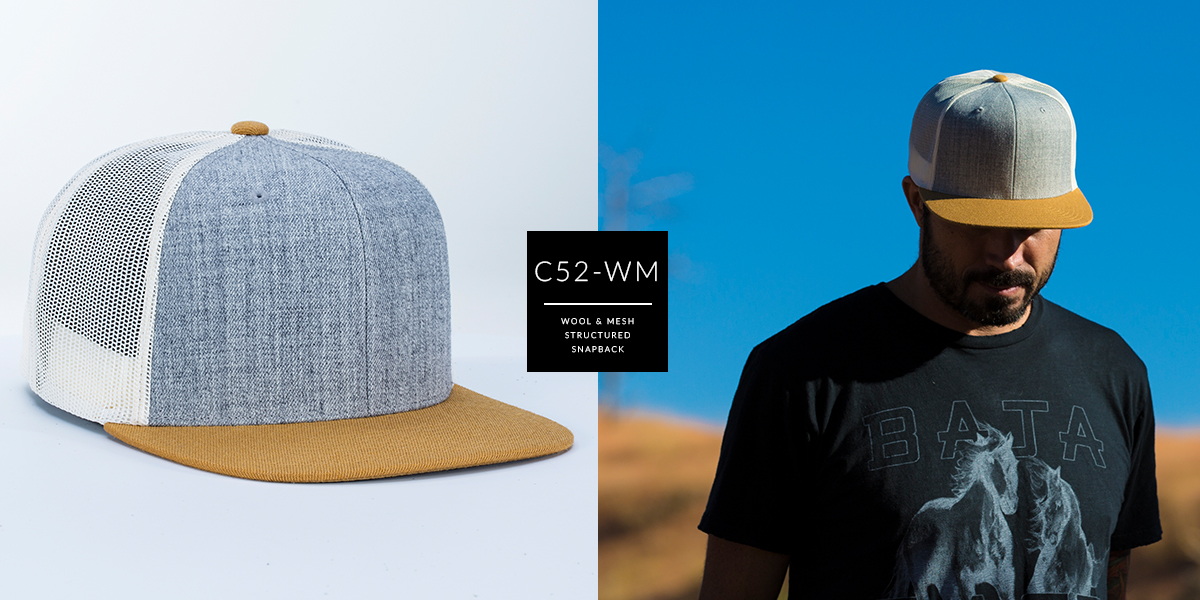 c52-WM // 6 Panel Custom Trucker Hat - Wool & Mesh // Snapback