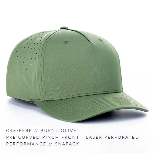 C45-PERF - Pre Curved Pinch Front Laser Perforated Performance Fabric Custom Snapback Hat - Burnt Olive