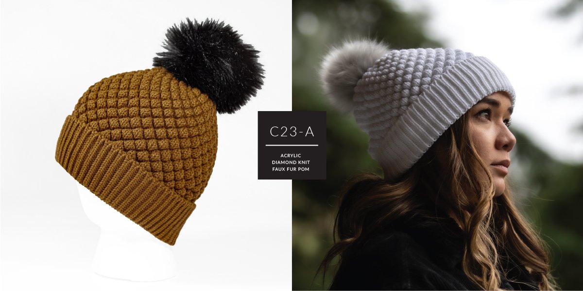 C23-A // DIAMOND QUILTED FAUX FUR POM CUSTOM BEANIE - ACRYLIC