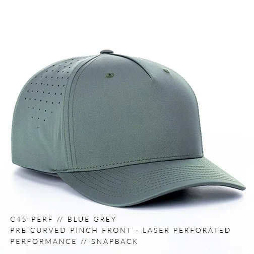 C45-PERF - Pre Curved Pinch Front Laser Perforated Performance Fabric Custom Snapback Hat - Blue Grey