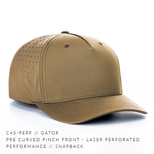 C45-PERF - Pre Curved Pinch Front Laser Perforated Performance Fabric Custom Snapback Hat - Gator