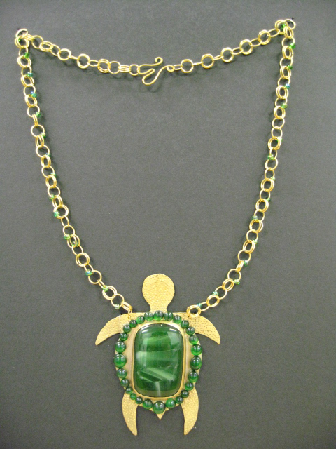 Green Turtle Necklace (Glass Fusion/Brass/Beads)