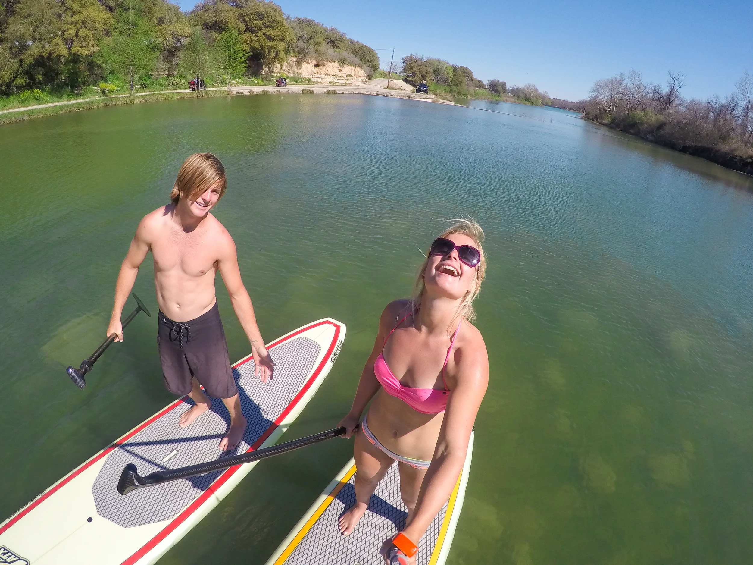 After a few days on behind the boat with JB O’Neill the Texas finally started to warm up and some friends of ours took us out to their property in Blanco. It was the first hot day since I came to Texas and we went adventuring on the chilly Blanco river and we were sporting some local SUPATX boards.