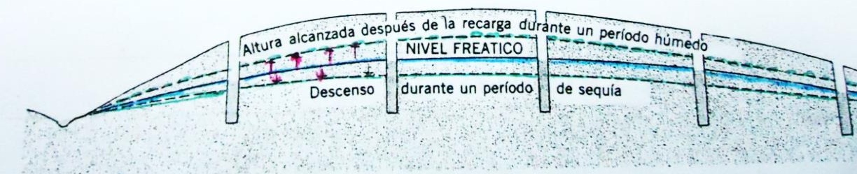 Figura N° 2. El nivel freático varía en los períodos húmedo y seco. (Dibujo procedente de A. N. Strahler, Geografía Física, 3ra Edición, 1983).