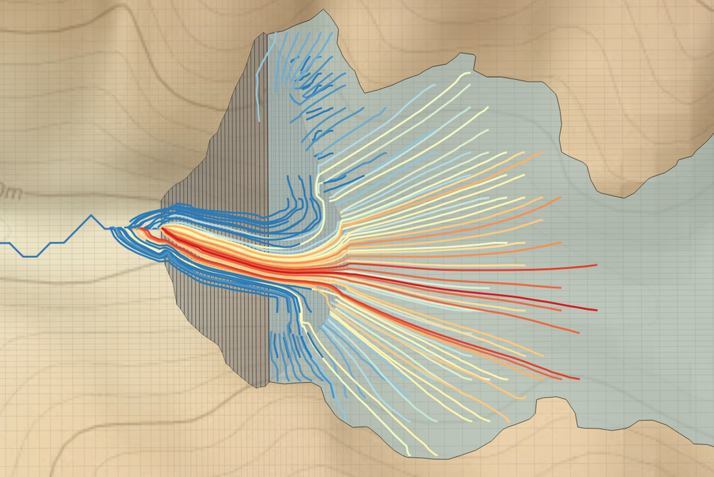 Líneas de flujo provenientes del relaves y zona de descarga en curso de río. Modelo realizado con MODFLOW y MODPATH.