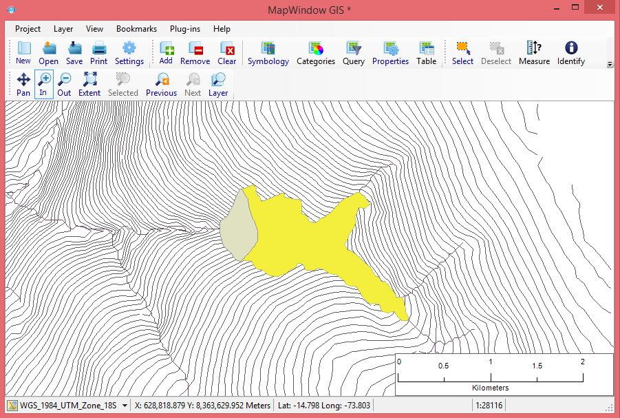 Vista del software MapWindow con datos de un depósito de relaves en una cuenca andina.