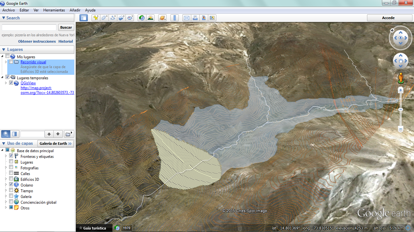 Vista de los objetos espaciales de QGIS sobre Google Earth