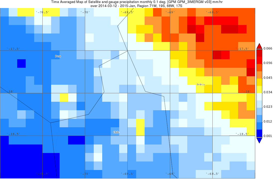 Imagen de datos de precipitación mensual promedio IMERG desde Marzo 2014 a Enero 2015 descargado de Nasa Giovanni