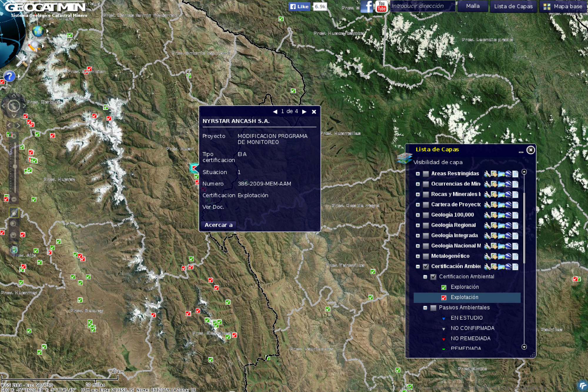 Visualización del servidor Geocatmin con los datos de certificación ambiental