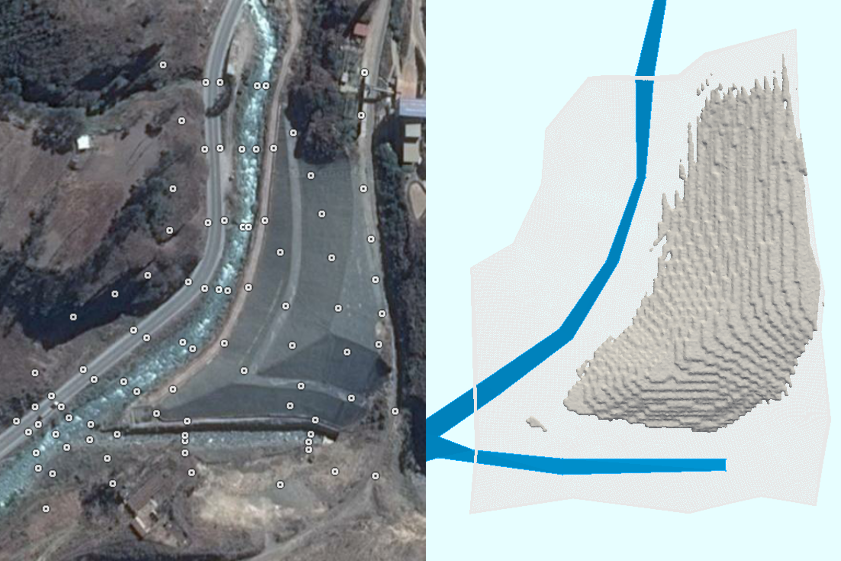 Vista aérea del Reservorio de Relaves Tamboraque (izq.) y representación de la geometría en OpenFOAM