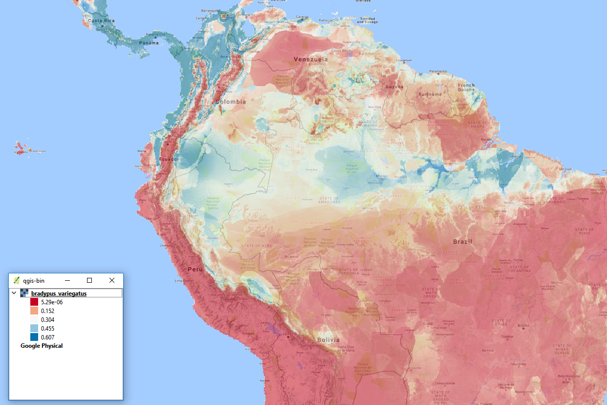 Distribución del Hábitat del Oso Peresozo (Bradypus Variegatus) calculado con Maxent y representado en QGIS