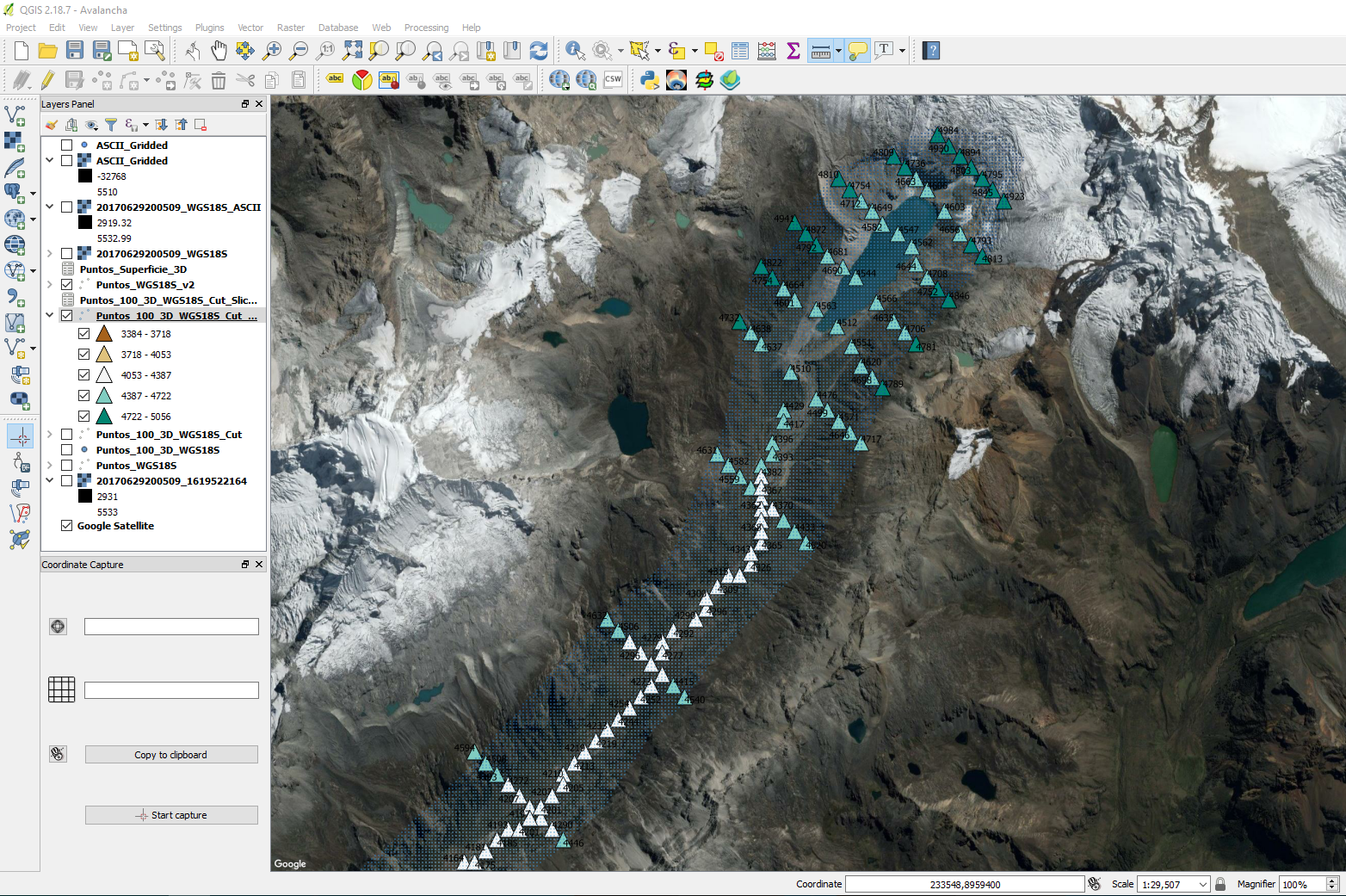 Espacio de trabajo en QGIS para el procesamiento de la geometría del modelo de avalancha