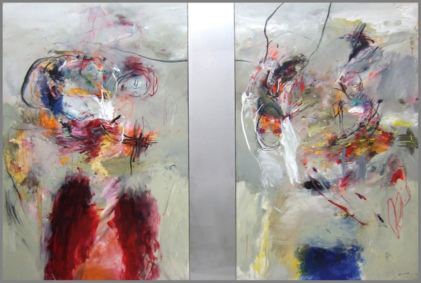 Heather Betts (2012, Berlin), ‘It beckons’, 180x270cm - oil and charcoal on canvas with stainless steel panel © Geoffrey Newman 2014 