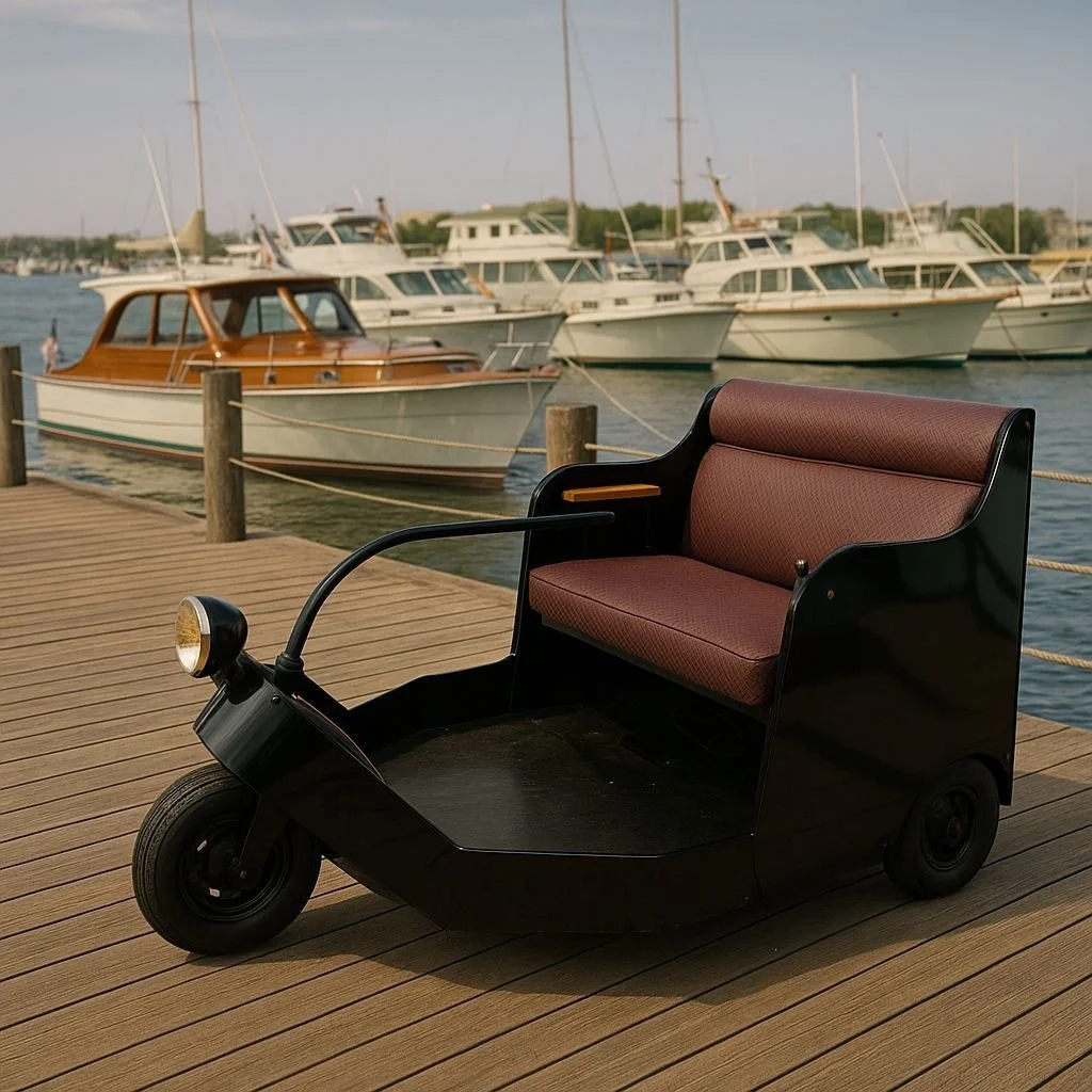 The 1954 Autoette - on display in the Freihofer Gallery. These small electric vehicles were marketed as the Worlds Lowest-Cost Transportation. We're open all weekend 10AM-5PM