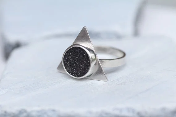 Sterling Silver Triangle black druzy stone ring