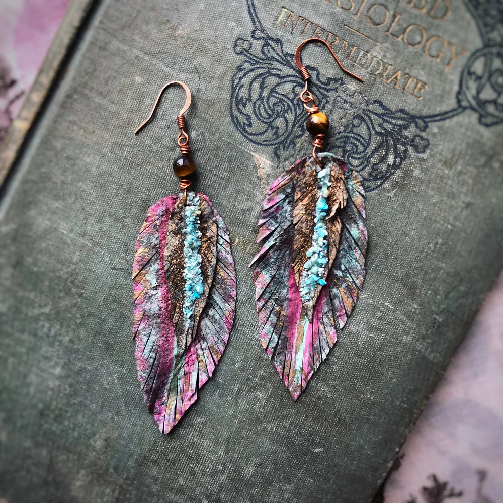 Raw Turquoise Dusted Painted Leather Feather Earrings Sara Reynolds Jewelry Raw Turquoise Dusted Painted Leather Feather Earrings Sara Reynolds Jewelry