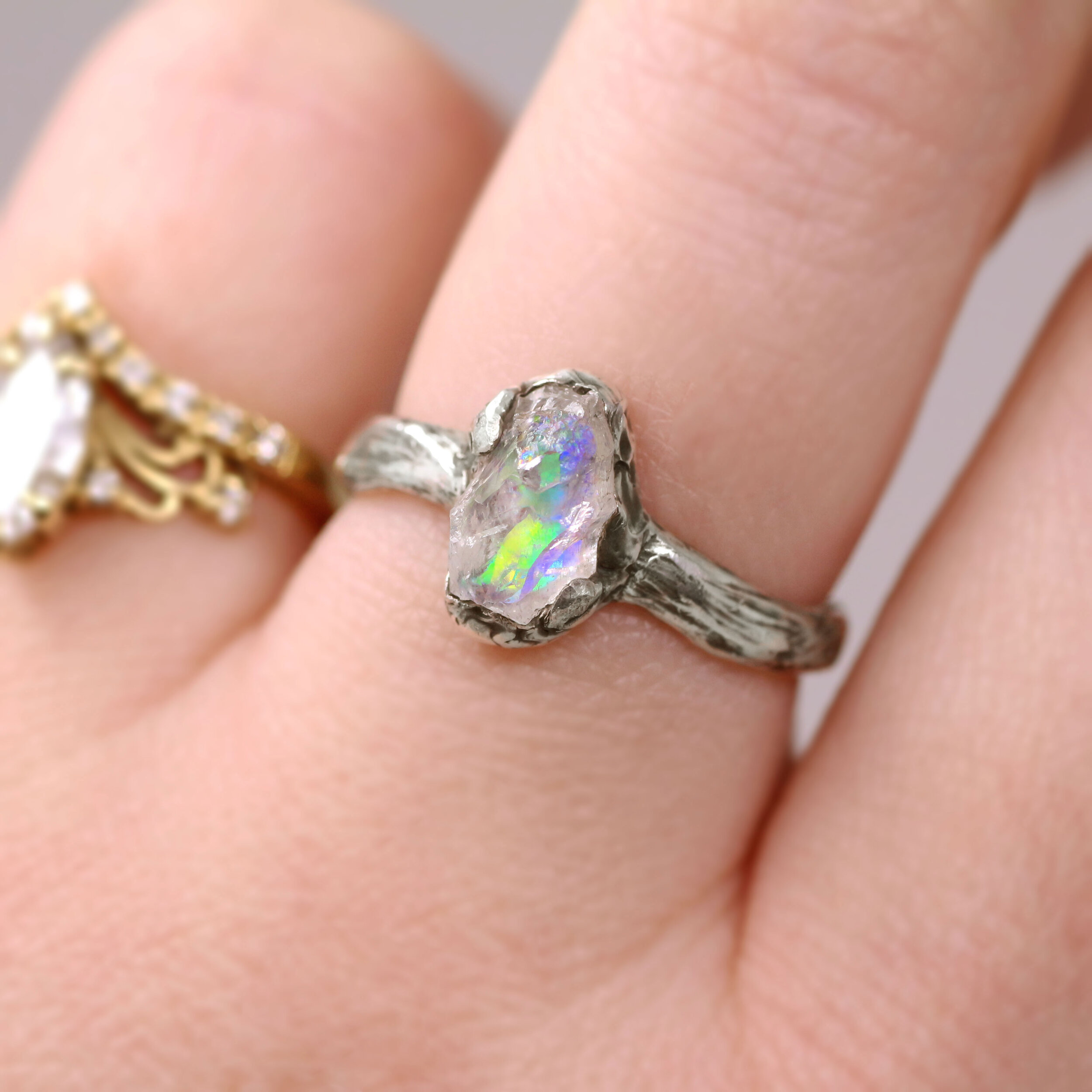 Holographic Rough Amethyst Twig Ring