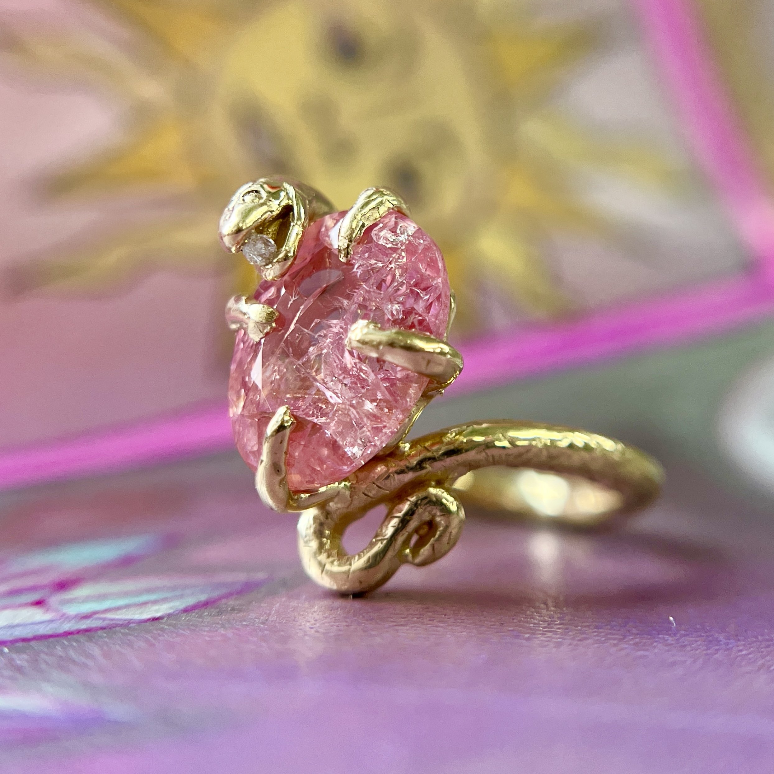 14k Yellow Gold 6.35 Ct Pink Sapphire & Diamond Snake Ring Size 6.25