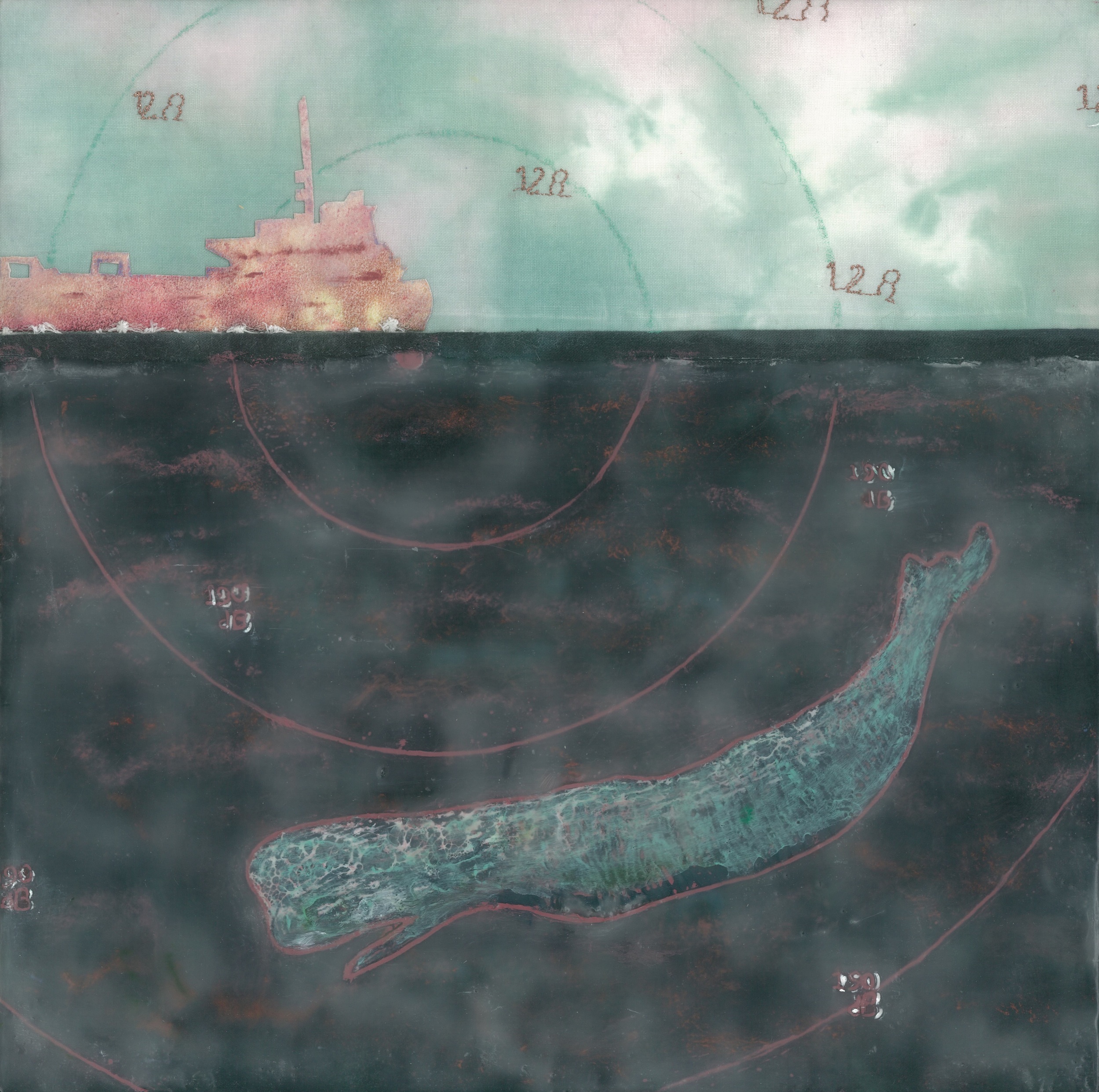 Superprop (c) 2014. Diane reardon. 10" x 10". $180. (sperm whale swims away from supertanker prop sound of 128 db)